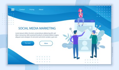 Sosyal medya pazarlama afişi. İş yönetimi servis iniş sayfası, promosyon sitesi tasarımı, mobil site geliştirme yazılımı poster şablonu için. Web sembolleri insanları düz gösteriyor