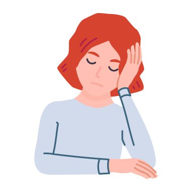 Yorgun, hayal kırıklığına uğramış kadın karakterinin enerjisi yoktur. Üzgün, sakin, uykulu, ruhsal sorunları olan, baş ağrısı ve depresyonu olan bir kız. Kadın ofis çalışanı. Çizgi film düz stiliyle vektör illüstrasyonunu kavra