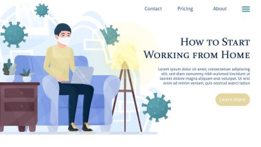 Kendini karantina ve izolasyon, Corona virüsü evde kalıyor. Koronavirüs salgını izolasyon süresi, ev karantinası. Tıbbi maske takan adam dizüstü bilgisayarda çalışıyor. Serbest ya da uzaktan eğitim