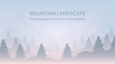 Kozalaklı orman banner tepeleri dağlarla, gökyüzüyle ve ormanla kaplı bir şablon. Arazi panorama arkaplanı
