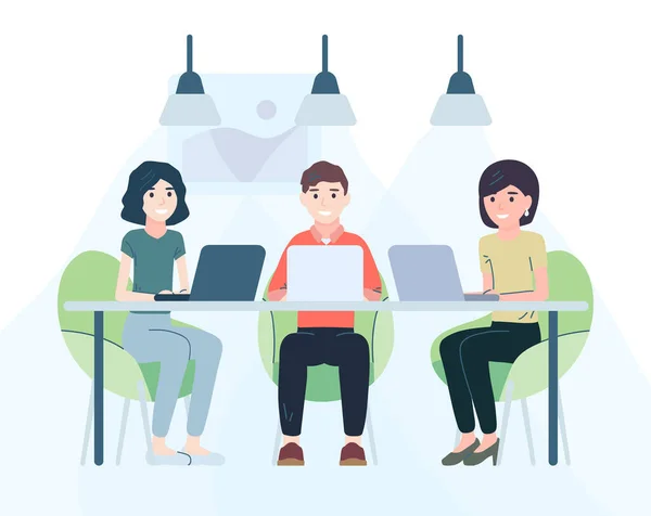 Coworking People Employés Travaillant Équipe Réunion Affaires Illustration Vectorielle Freelancers — Image vectorielle