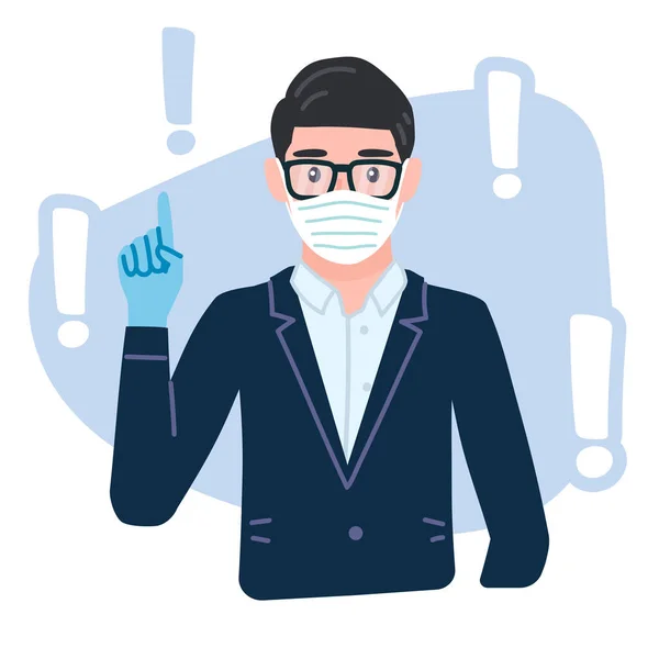 ビジネスマンは コロナウイルスCovid 19を防ぐために保護医療用マスクを着用して指を指して アイデアを思いつきました 感嘆符 スーツを着た従業員が助言を与える オフィスワーカージェスチャー — ストックベクタ