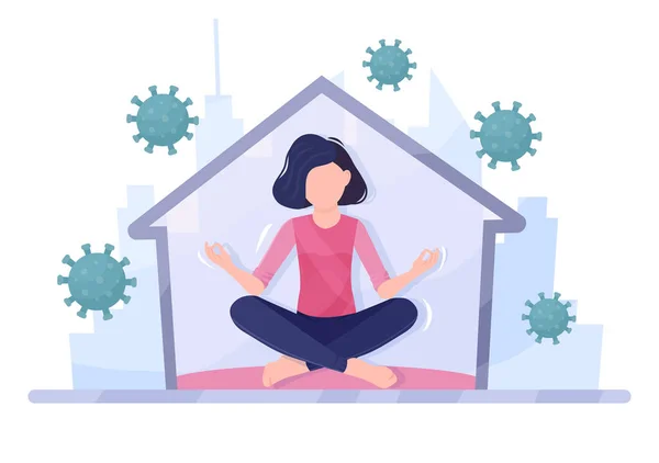 Mulher Meditando Posição Lótus Enquanto Surto Coronavírus Yoga Conceito Meditação — Vetor de Stock
