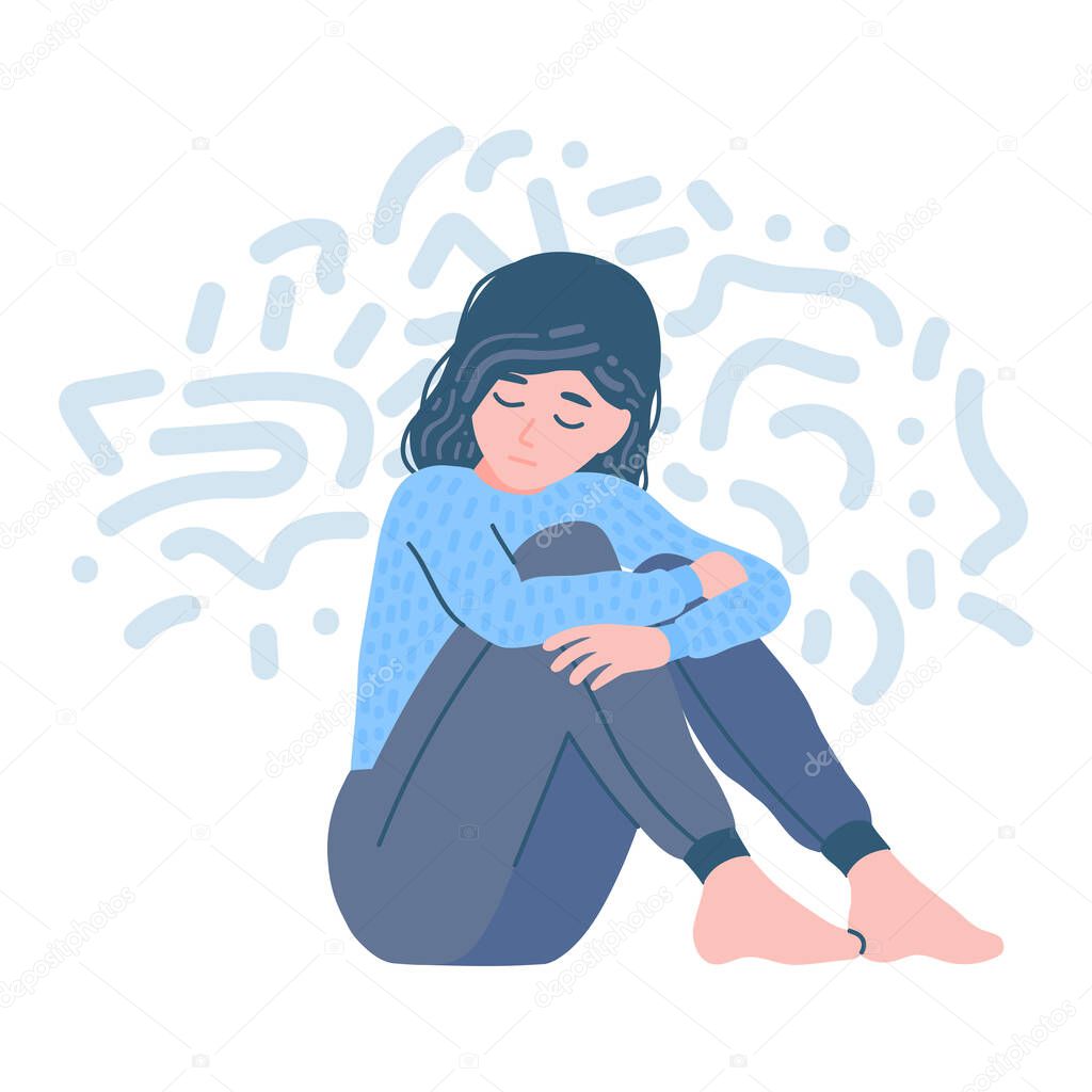 Mental disorder. Depression woman. Girl confused. Teen in stressful situation. teenager psychological problem, shame. Stress, despair, anxiety disorder, fatigue. Flat cartoon vector illustration