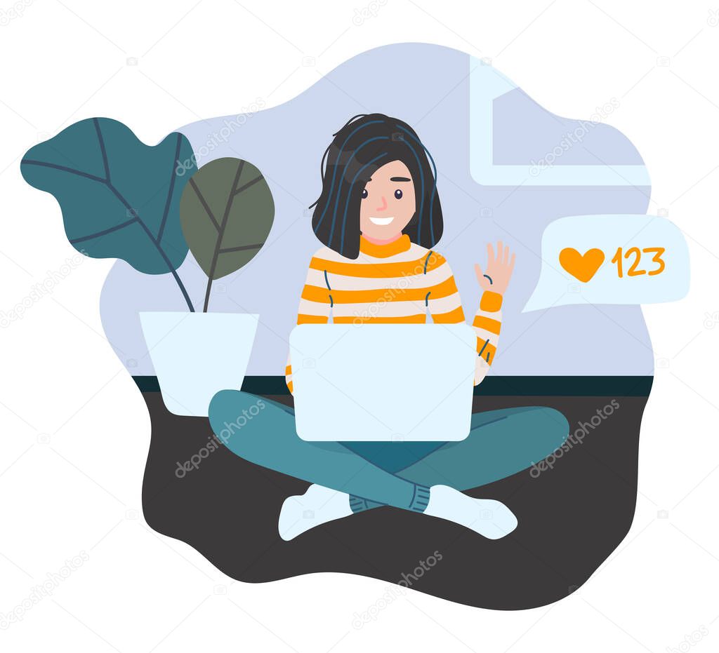 Blogger girl. Vlogging cartoon character. Online streaming video blog. Posting content on social media vlog. Flat vector illustration. Receives likes from subscribers, followers. Sitting with a laptop