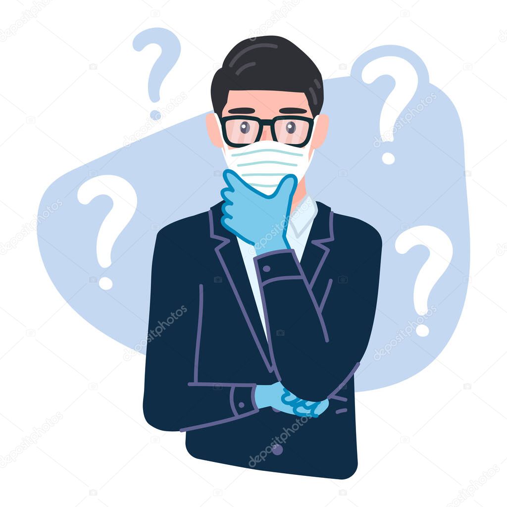 Confused businessman wearing protective Medical mask and gloves for prevent corona virus Covid-19, is thinking with crossed arm. Question mark. Musing employee in suit. Worried office worker 