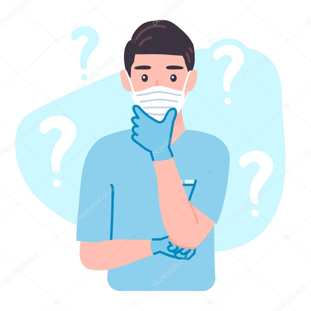 Thinking Surgeon Doctor in gloves. Masked Medical male personage with a curious expression, confused, wonder. Worried character isolated vector illustration in cartoon flat style