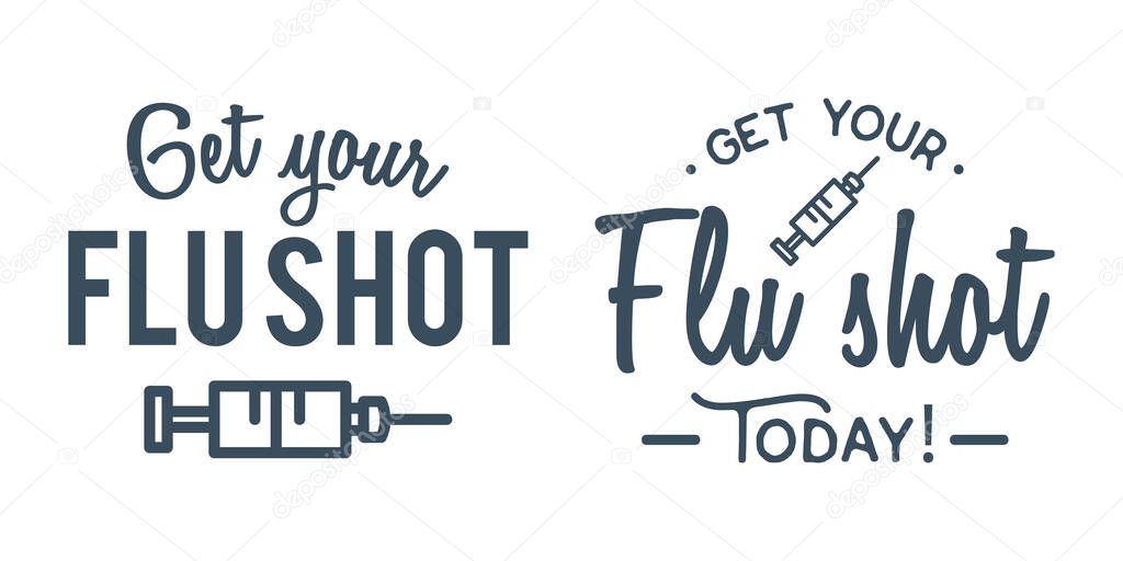 Flu shot vaccine badge set. With syringe needle injection icon. For medical websites. Vaccination sign design. Healthcare wellness immunize. Inoculation influenza prevention vector poster illustration