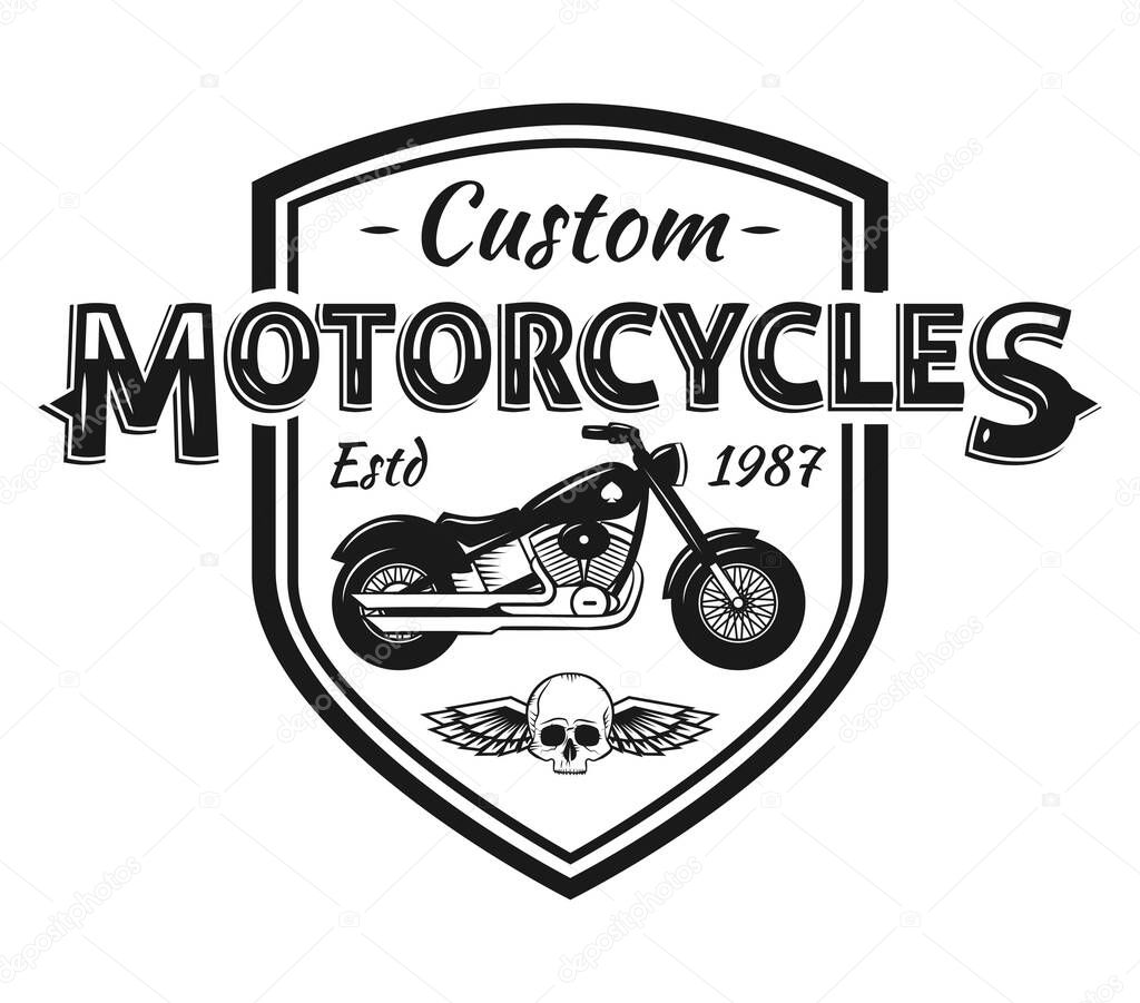 Custom motorcycles club Badge or Label With skull, wings and chain. Ride fast Live free. Vintage Biker builds, repairs service design for signage, prints and emblems