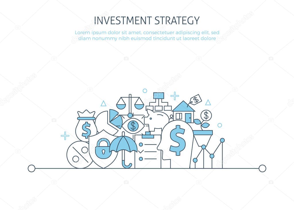 Investment strategy banner. For Business landing page icons, capital growth, security of deposits poster concept banner Financial investments, money budget elements template. Web symbols office flat