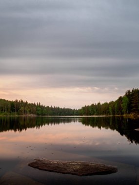 Göl su gün batımında ağaçlarıyla, rock