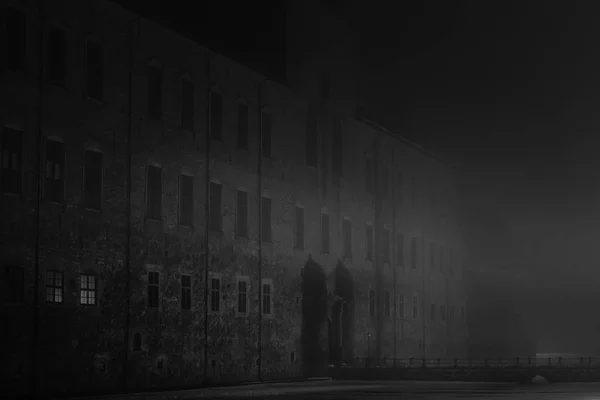 Imagem preto e branco de um castelo velho na névoa — Fotografia de Stock