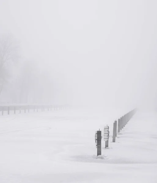 Högar sticker ut från en frusen sjö med dimma i bakgrunds — Stockfoto