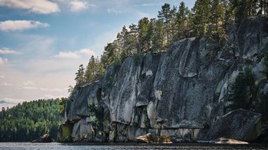 Deniz kenarındaki uçurumlar, tepesinde ağaçlar ve arka planında orman. Bulutlu mavi gökyüzü.
