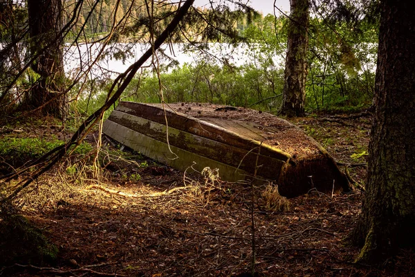 Egy Öreg Fahajó Hever Fel Alá Erdőben Egy Tóval Háttérben — Stock Fotó