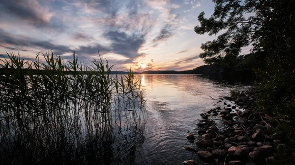 Закат Над Озером Скалами Тростником Переднем Плане Солнце Заднем Плане — стоковое фото