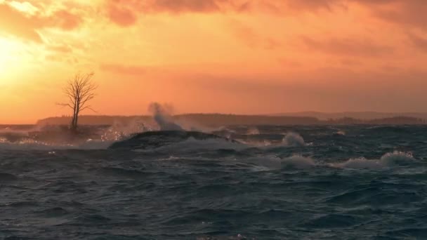 Stormachtige Avond Bij Het Meer Bij Zonsondergang — Stockvideo