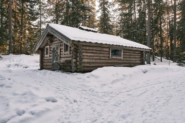 Çatısı karlı küçük ahşap kulübe ve arka planında orman.