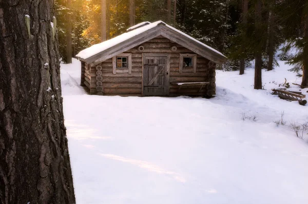 Pequeña Cabaña Madera Con Nieve Techo Suelo Bosque Sol Fondo — Foto de Stock