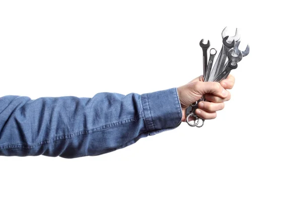 Man Hand Holding Group Wrenches White Background Clipping Path Copy — стоковое фото