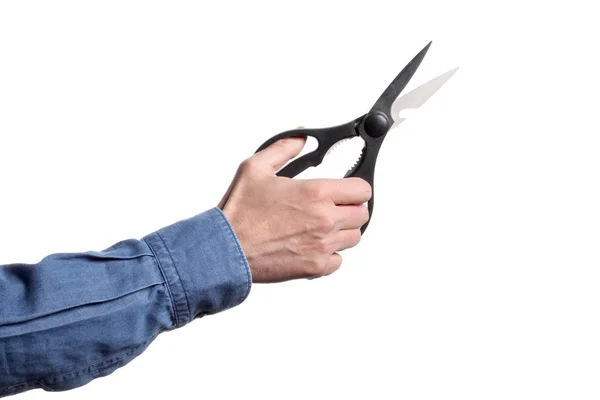 Man Hand Holding Scissor White Background Clipping Path Copy Space — Stock Photo, Image