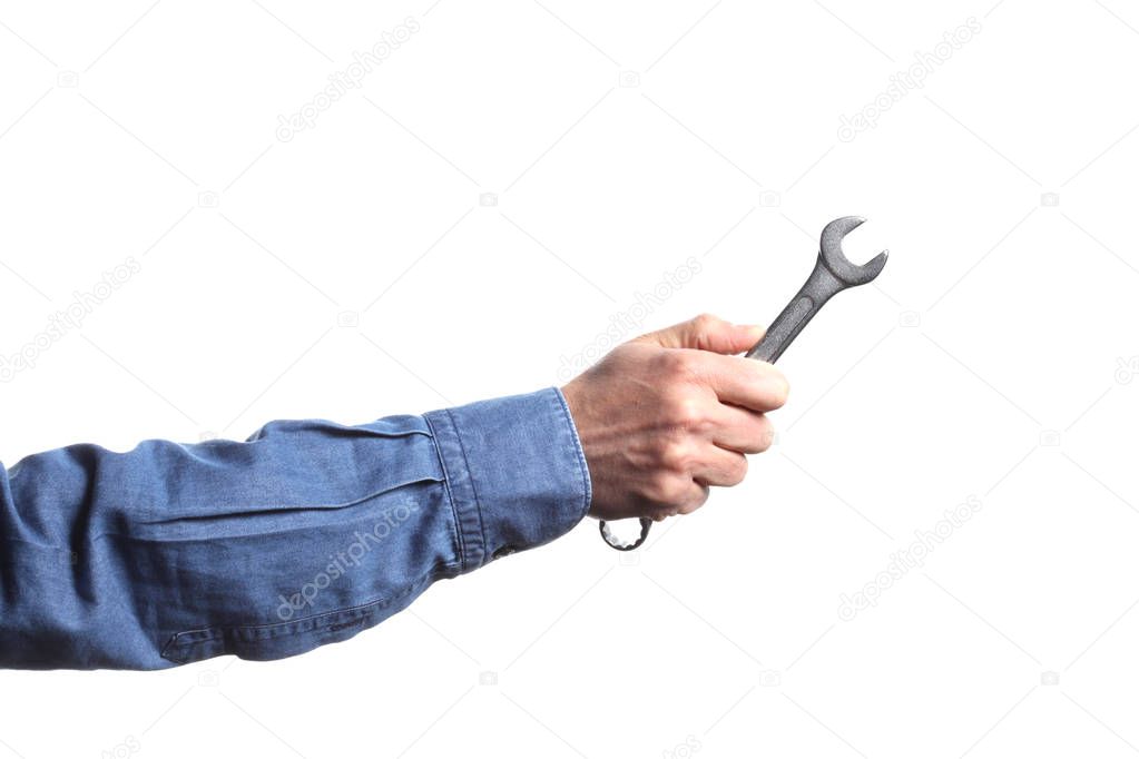 man's hand holding a wrench on white background with clipping path and copy space
