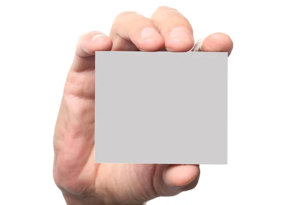 Χέρι Του Ανθρώπου Εμφανίζει Μια Άδεια Κάρτα Που Απομονώνεται Λευκό — Φωτογραφία Αρχείου