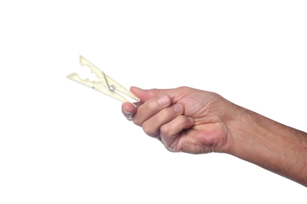 Ręka Człowieka Trzymać Pin Odizolowany Białym Tle Ścieżką Wycinania Skopiować — Zdjęcie stockowe