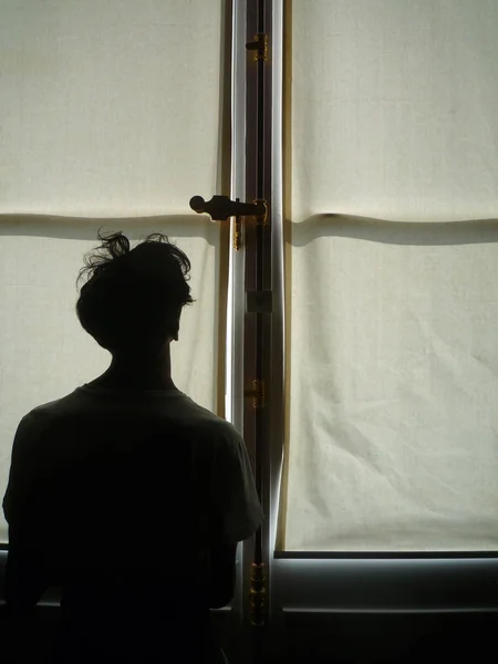 Young Man Silhouette Front Big Close Window Copy Space Your — Stock Photo, Image