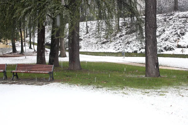 下雪天公园里的长椅 — 图库照片