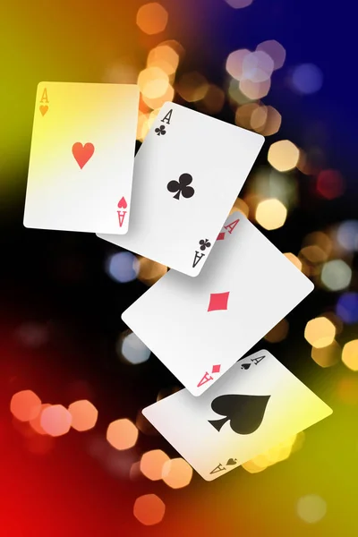 Bir bokeh lambası üzerindeki asların pokeri metin alanınız için kopya alanı ile birlikte arka plan ışıkları