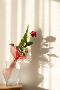 Ahşap bir rafta kırmızı gül ve metin için kopya alanı olan kavanoz