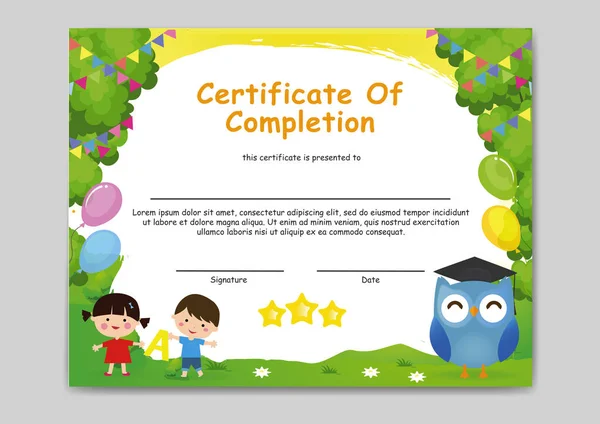 Colourful Cheerful Kindergarten Certificate Completion Illustartion — Stock Vector