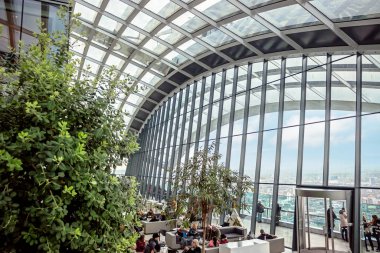 Londra 'daki Sky Garden' da yeşil bitkilerle modern iç mekan.