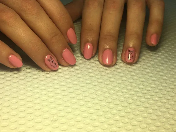 trendy and stylish pink manicure with black stamping design