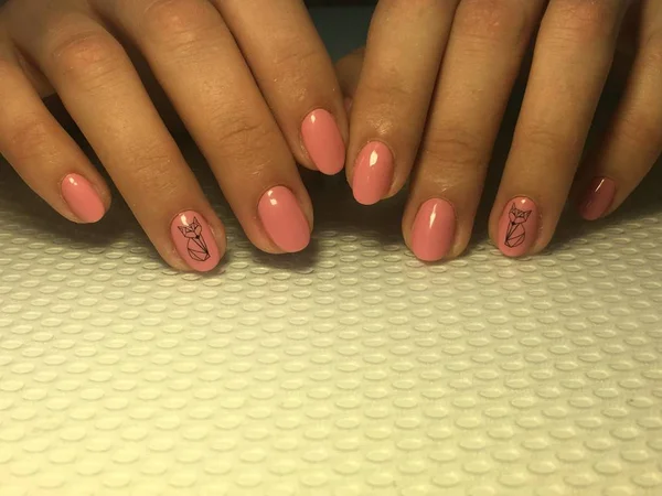 trendy and stylish pink manicure with black stamping design