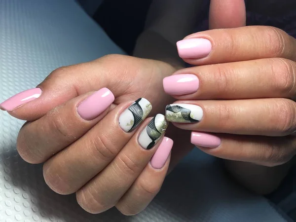 Fashion pink manicure with a stylish matte design and black lace — Stock Photo, Image