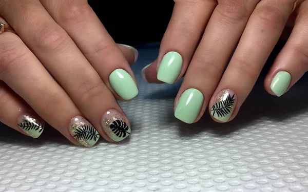Trendy green manicure with a stylish design and black leaf — Stock Photo, Image