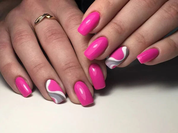 Fashionable Pink Manicure Colorful Design — 스톡 사진
