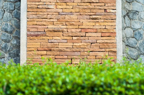 Green bushes and brick wall pattern background — Stock Photo, Image