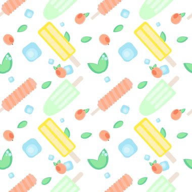 Yaz meyve dondurma desen. Vektör seamless modeli ile farklı çubuklu dondurmayı, nane yaprakları, şeftali veya kayısı ve beyaz arka plan üzerinde buz küpleri. Sopa üzerinde dondurulmuş meyve suyu.