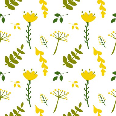 Yeşil ve sarı otlar, yaprak, meyve ve çiçek deseni. Yaz veya sonbahar vektör desen. Basit çiçek şekil.