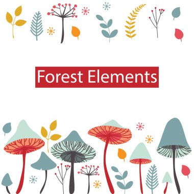 Vektör orman öğeleri kümesi. Mantar, çilek, yaprakları ve beyaz arka plan üzerinde izole otlar. Düz stil resimde çizgi film.