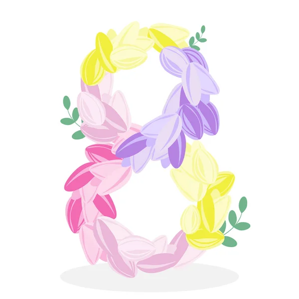 Concept du 8 mars. Numéro 8 fait de fleurs. Tulipes vectorielles pour la journée internationale de la femme . — Image vectorielle