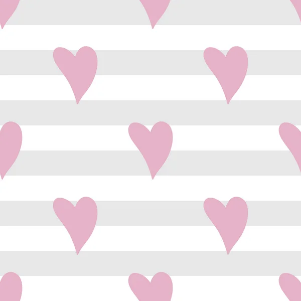 Hand drawn cute pink hearts on gray stripes. — Stock Vector