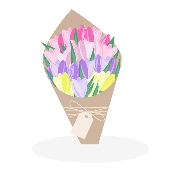 Ramo de tulipanes en papel kraft con una etiqueta . — Vector de stock