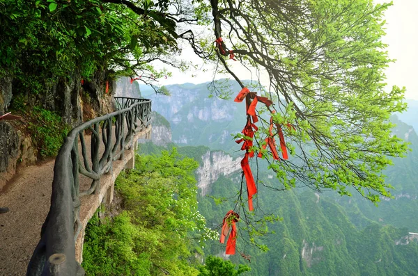 Zhangjiajie, China - May 10, 2017: Detail of red ribbons in Wish Forest Zhangjiajie National Park, China. — Stock Photo, Image