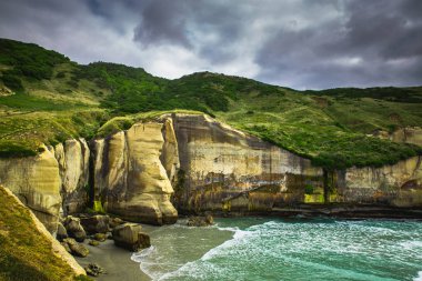 Güzel kayalıklarla tünel Beach Dunedin, Yeni Zelanda