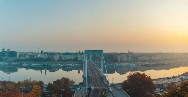 Vue Panoramique Lever Soleil Sur Budapest Danube Avec Pont Elizabeth — Photo