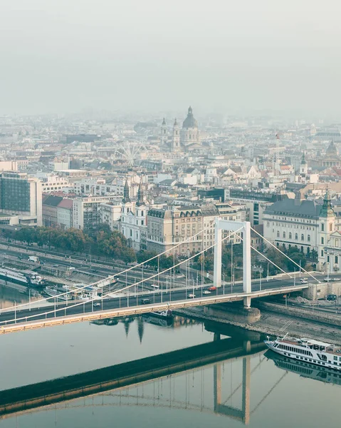 Vue Deuil Ville Budapest Pont Elizabeth Avec Reflet Dans Danube — Photo